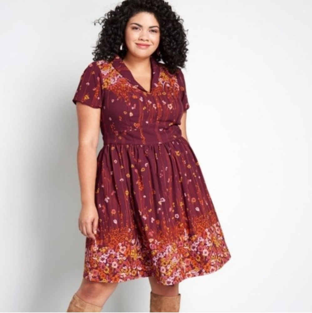 Modcloth Retro Cottagecore Burgandy Lively Identity Floral Short Sleeve Dress 1X